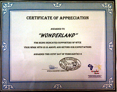 Our certificate from the charity!